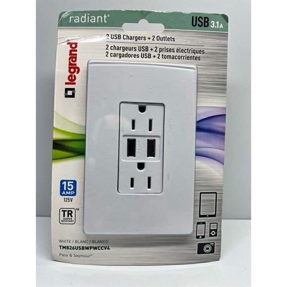 LEGRAND Radiant Tamper Resistant 2 USB 3.1A Outlet 15 Amp 125V - Picture 4 of 7